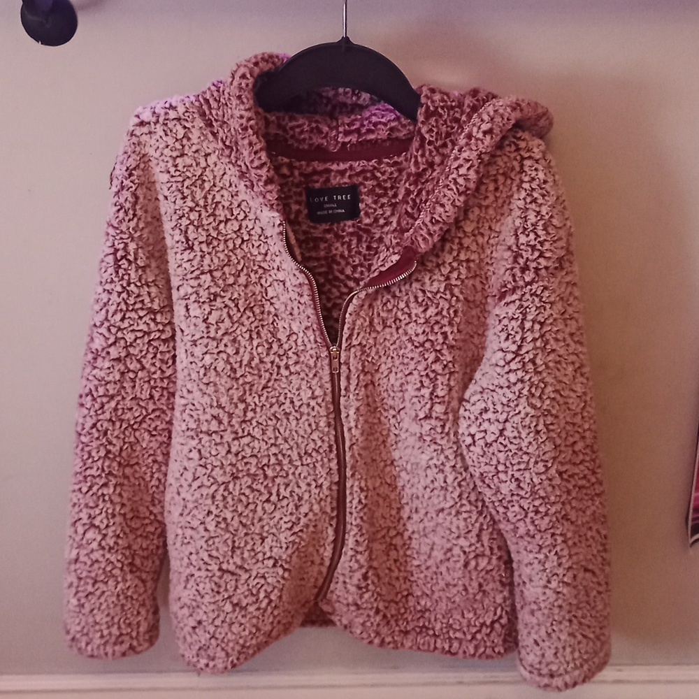 Love Tree Sherpa Full Zip Hooded Sweatshirt - Red/Pink/Maroon - Size Small